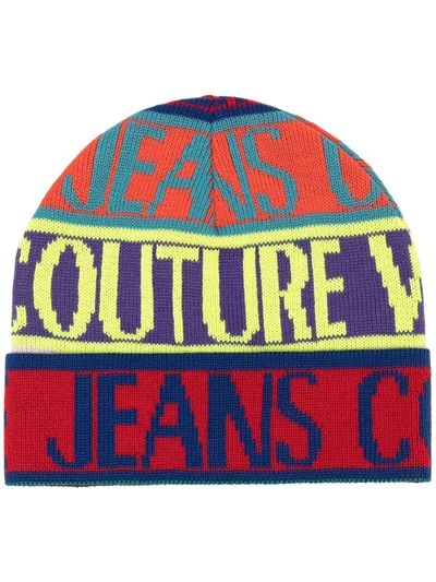 Shop Versace Jeans Couture Intarsia-knit Wool-blend Beanie In Blue