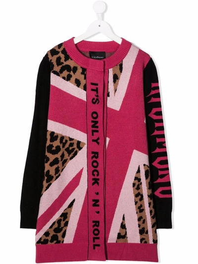 Shop John Richmond Junior Teen Leopard-print Flag Knit Cardigan In Pink