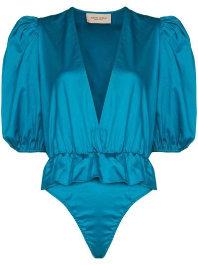 Shop Adriana Degreas Puff Sleeve Peplum Bodysuit In Blau