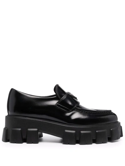 Prada Platform Leather Triangle Logo Loafers In Black