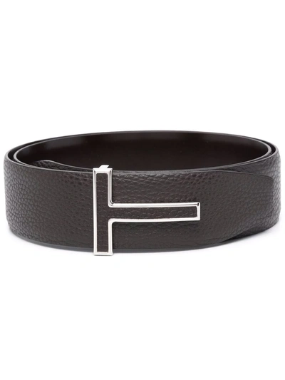 Shop Tom Ford T Plaque Leather Belt In Braun