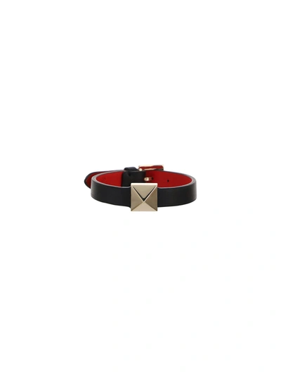 Shop Valentino Leather Bracelet In Nero/rouge Pure