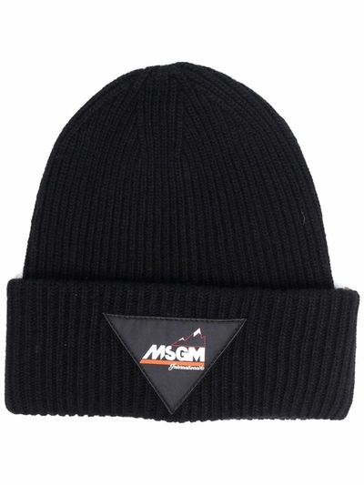 Shop Msgm Triangle-patch Knitted Beanie In Schwarz