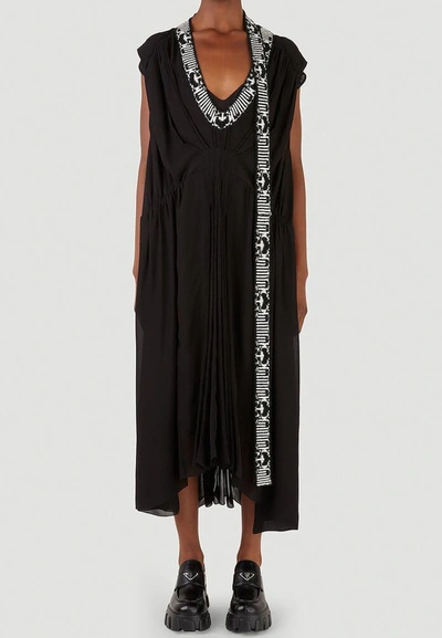 Shop Prada Jacquard Trim Draped Midi Dress In Black
