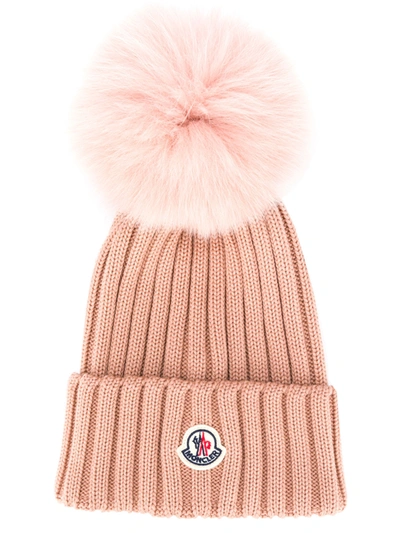 Shop Moncler Ribbed Pompom Beanie In Black