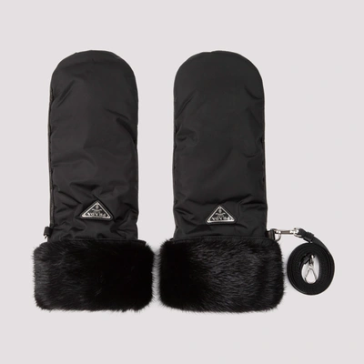Shop Prada Logo Plaque Fur Detail Gloves In Black