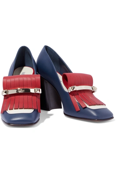 Shop Valentino Uptown Studded Fringed Color-block Leather Pumps In Navy