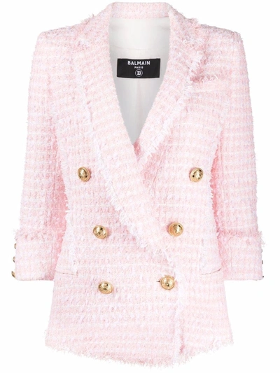 Shop Balmain Light Pink Cotton-blend Double-breasted Tweed Jacket