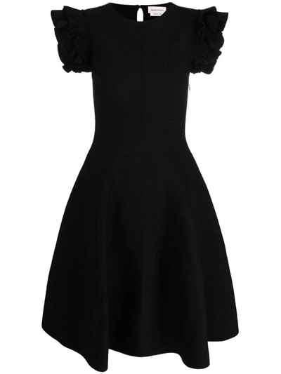 Shop Alexander Mcqueen Black Ruffled Sleeve Mini Dress In Nero