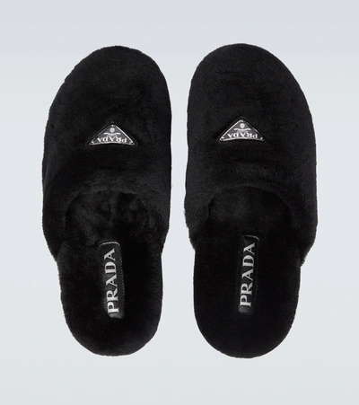 Prada Shearling Slippers In Black
