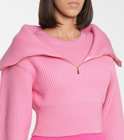 Shop Jacquemus La Maille Risoul Cropped Wool Sweater In Pink