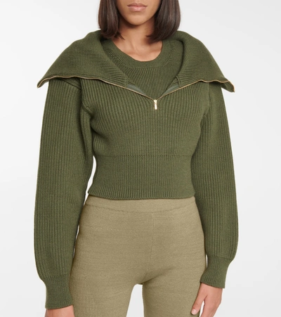 Shop Jacquemus La Maille Risoul Cropped Wool Sweater In Green