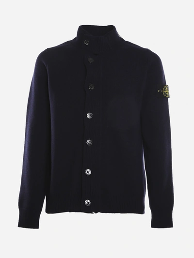 Shop Stone Island Wool Blend Cardigan With Logo Patch In Blue