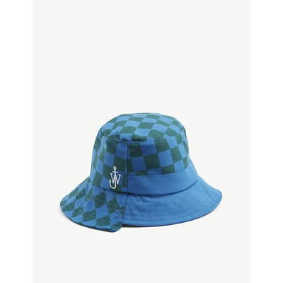 Shop Jw Anderson Mens Blue Green Asymmetric-brim Checked Woven Bucket Hat