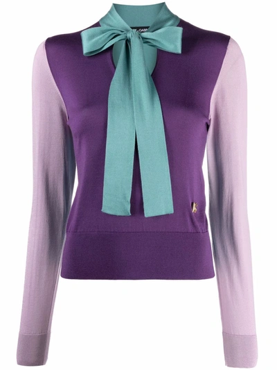 Dolce & Gabbana Long-sleeved Multi-colored Silk Sweater With Pussy-bow And Dg Embellishment In Blau
