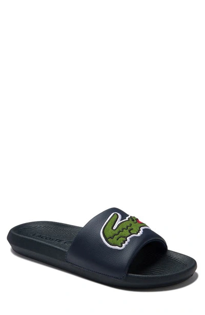 Shop Lacoste Croco Slide Sandal In Navy/ Green