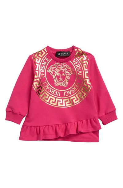 Shop Versace Kids' Oversize Logo Ruffle Dress In Fuxia Gold