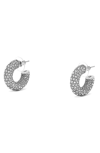 Shop Amina Muaddi Mini Cameron Hoop Earrings In Silver Base White Crystals