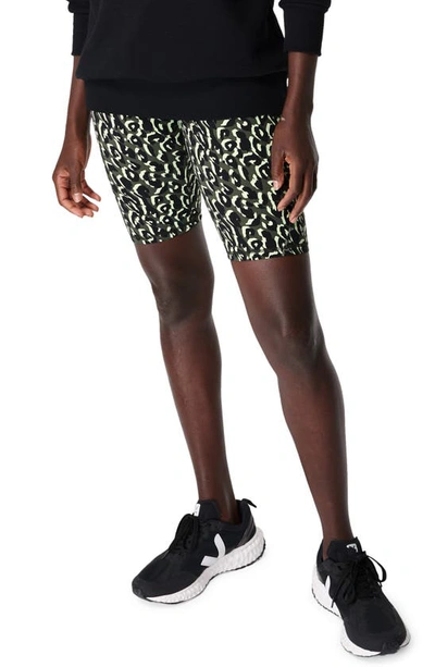 Sweaty Betty Power High Waist Pocket Bike Shorts In Green Leopard Print