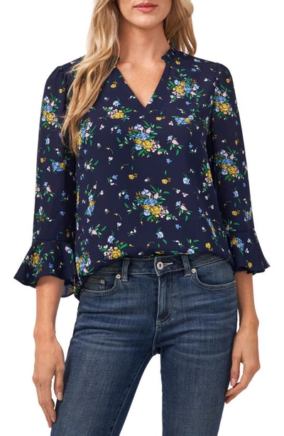 Shop Cece Floral Bouquet Ruffle Cuff Blouse In Classic Navy