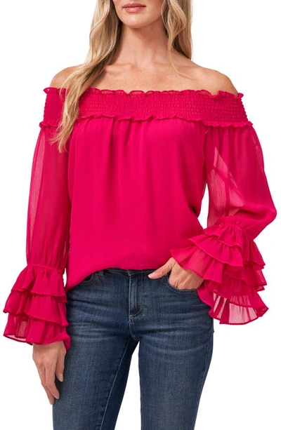 Shop Cece Off The Shoulder Ruffle Cuff Blouse In Fuchsia Glow