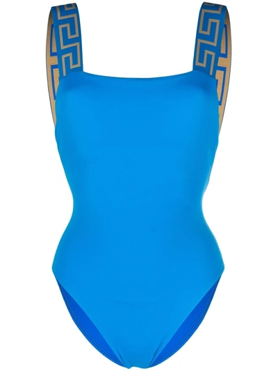 Shop Versace Greca-pattern Scoop-back Swimsuit In Blau