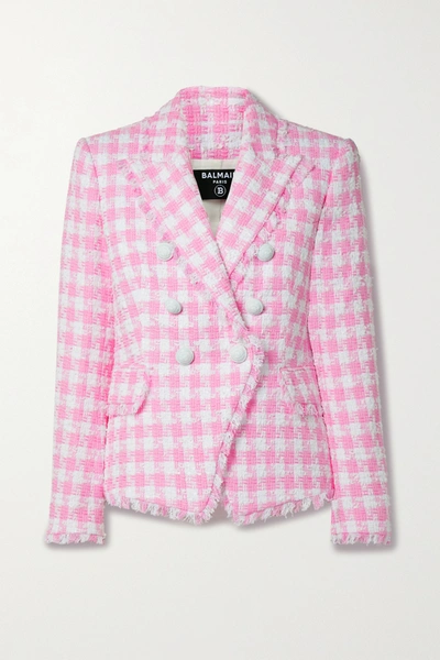 Shop Balmain Frayed Checked Cotton-blend Tweed Blazer In Pink