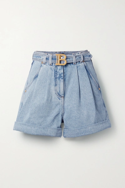 Shop Balmain Belted Pleated Denim Shorts In Blue