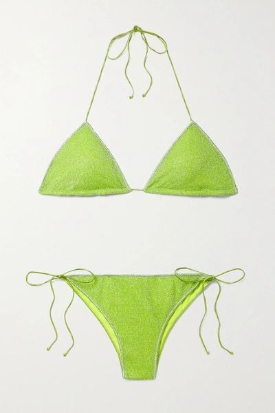 Shop Oseree Lumière Stretch-lurex Triangle Bikini In Green