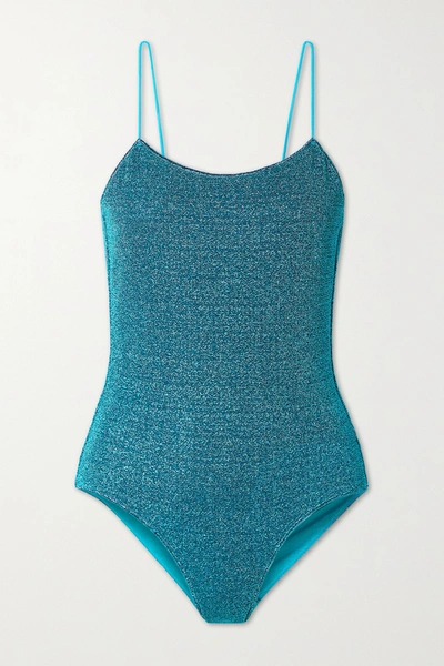 Shop Oseree Lumière Stretch-lurex Swimsuit In Blue