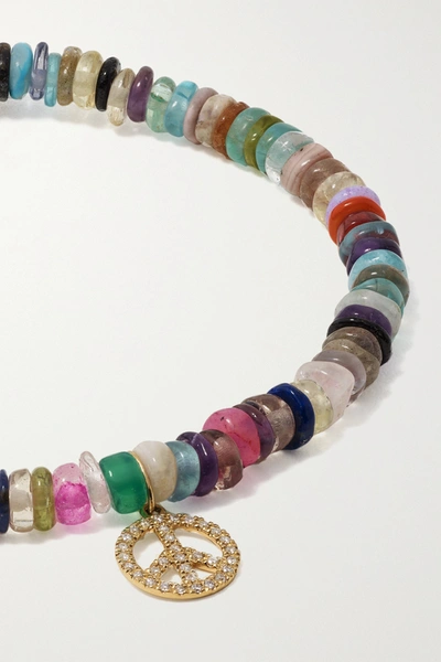Sydney Evan Mini Peace Sign 14-karat Gold, Diamond And Bead Bracelet In Gold