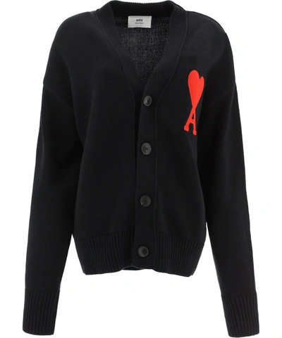 Shop Ami Alexandre Mattiussi Ami Ami De Coeur Embroidered Cardigan In Black