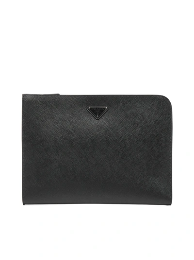 Shop Prada Logo Plaque Clutch Bag In Black