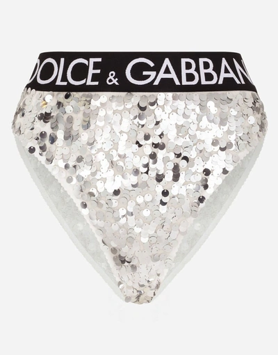 Shop Dolce & Gabbana Sequined High-waisted Briefs With Branded Elastic