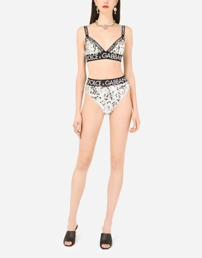 Shop Dolce & Gabbana Sequined High-waisted Briefs With Branded Elastic