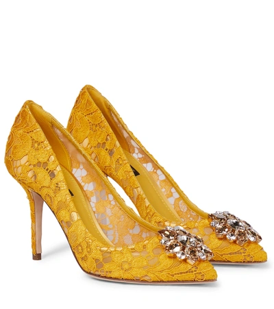 Shop Dolce & Gabbana Belluci Embellished Lace Pumps In Yellow