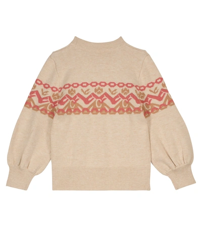 Shop Chloé Kids Cotton And Wool Intarsia Sweater In Beige