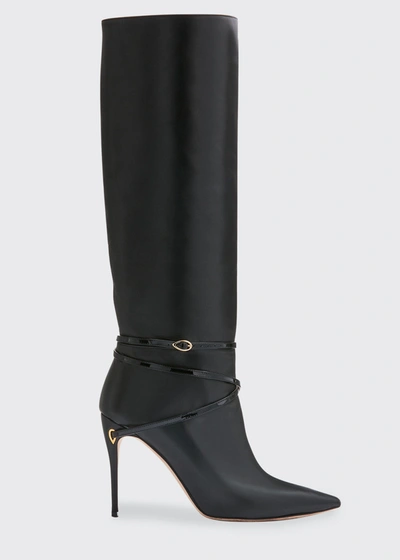 Shop Jennifer Chamandi Cece Napa Ankle-wrap Stiletto Riding Boots, Black