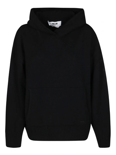 Shop Msgm Logo Embroidered Ribbed Hoodie In Black