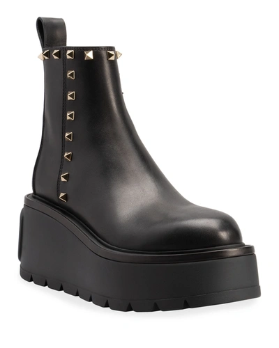 Shop Valentino Uniqueform Rockstud Leather Chelsea Platform Booties In 0no Nero