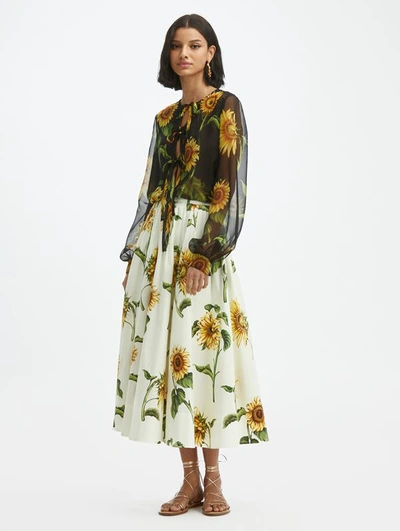 Shop Oscar De La Renta Sunflower Cotton Poplin Skirt In Ivory Multi