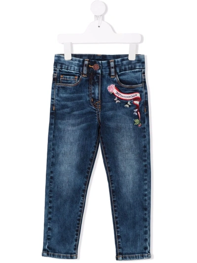 Shop Monnalisa Logo-embroidered Jeans In 蓝色