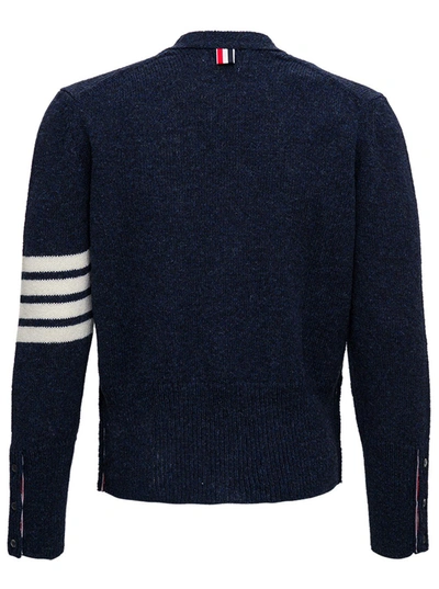 Shop Thom Browne Blue Wool Cardigan With 4 Bar Stripe Detail