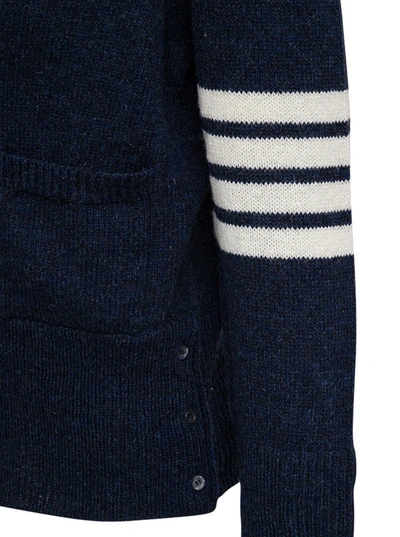 Shop Thom Browne Blue Wool Cardigan With 4 Bar Stripe Detail