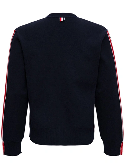 Shop Thom Browne Blue Wool Cardigan With Rwb Stripe Details