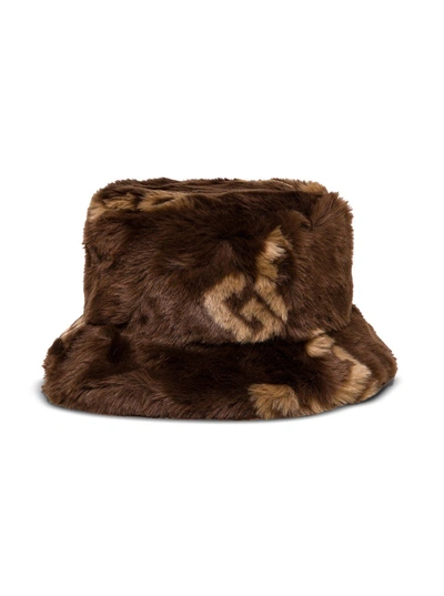 Shop Gcds Buket Hat In Ecological Fur With Logo In Brown
