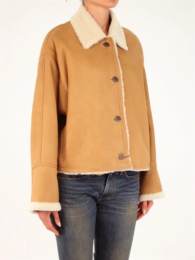 Shop Loewe Short Shearling Jacket In Beige