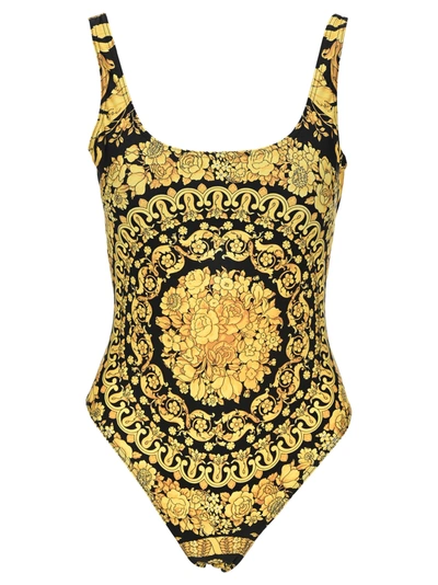 Shop Versace Barocco Print Swimsuit In Black Gold