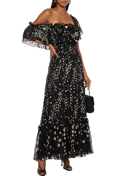 Shop Loveshackfancy Ronny One-shoulder Metallic Fil Coupé Silk-blend Crepon Maxi Dress In Black