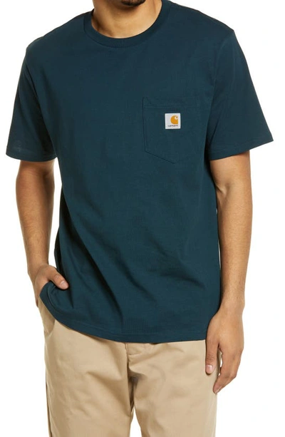 Shop Carhartt Logo Pocket T-shirt In Deep Lagoon